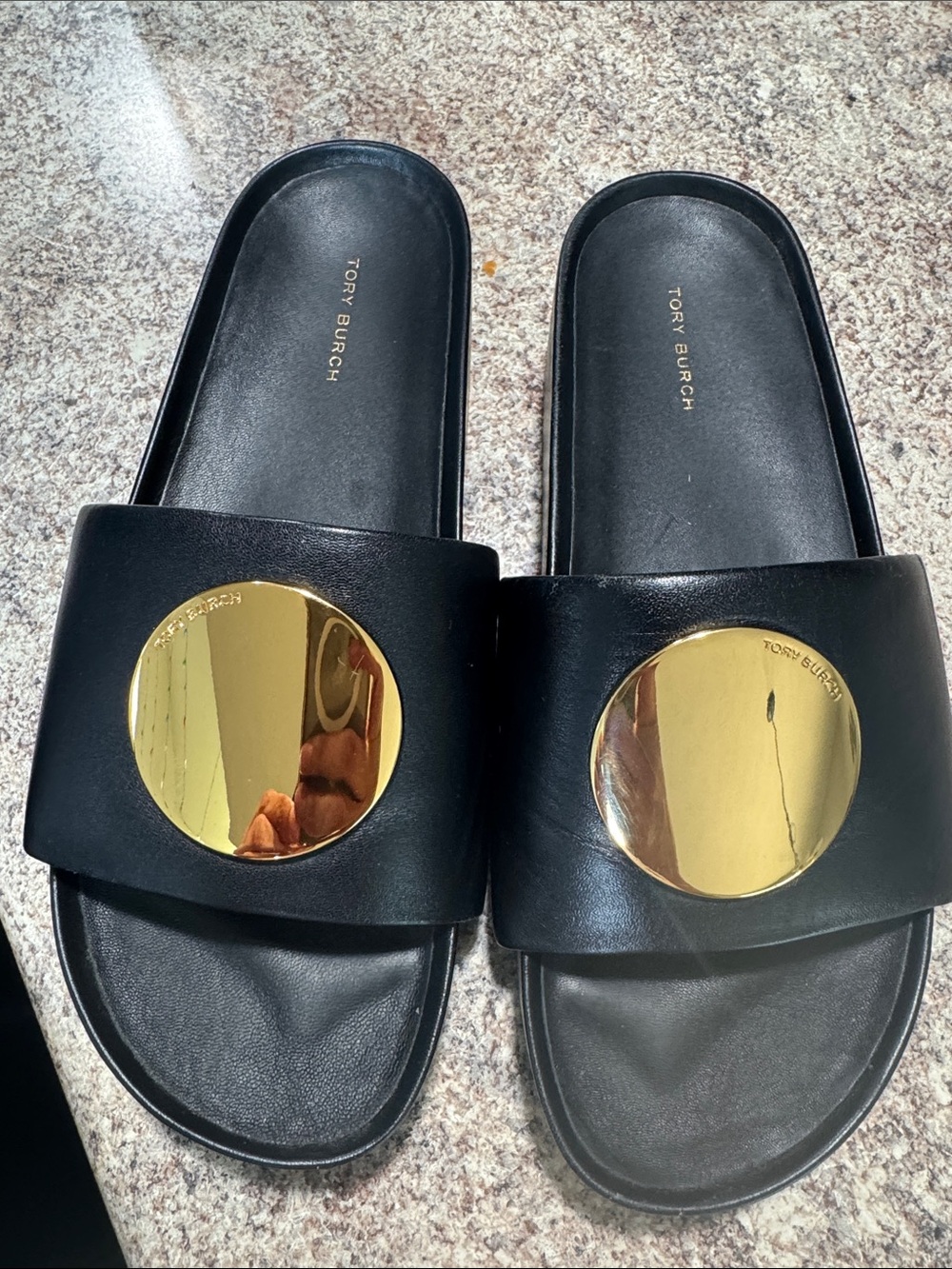 Tory Burch Black Leather Slide Sandals with Gold Disc